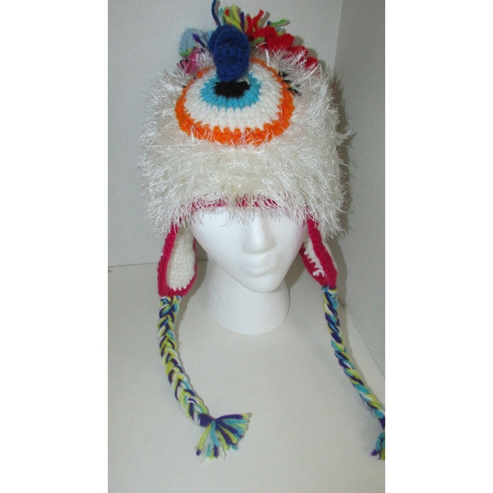 Hand made crocheted one‎ eyed cyclops monster fun fur curly ques bow winter hat